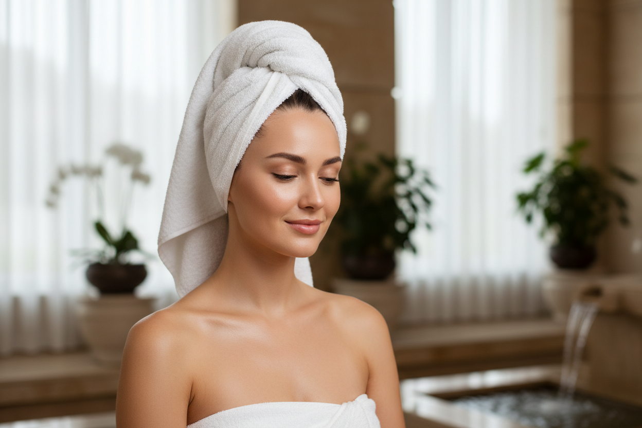 Femme très belle avec une magnifique peau du visage qui est en serviette 